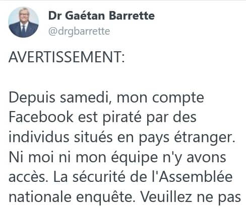 Gaétan Barrette : piratage de ses pages Twitter et Facebook