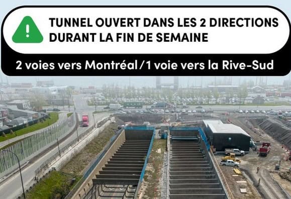 Le ministère des Transports et de la Mobilité durable informe les usagers de la route que les fermetures de nuit de la rue De Boucherville ainsi que de l'entrée de l'autoroute 25 en direction nord se poursuivent.