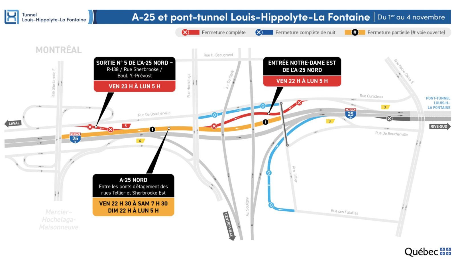 Fermetures de l’autoroute 25 pendant la fin de semaine du 1er novembre