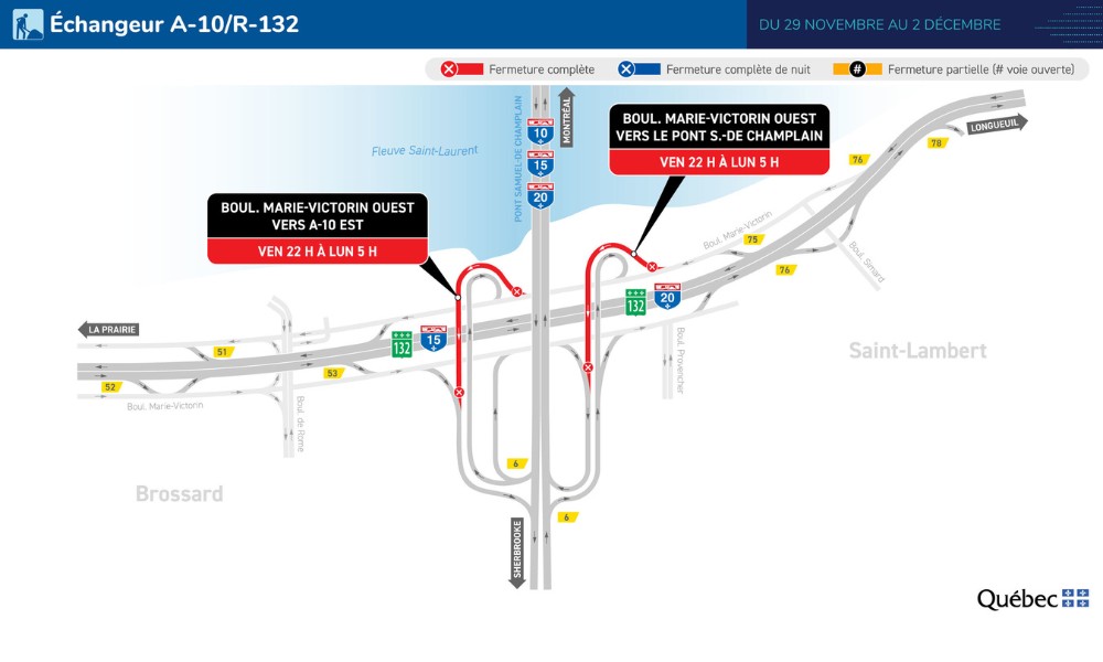 Fermeture des bretelles Marie-Victorin vers le pont Champlain et A-10 