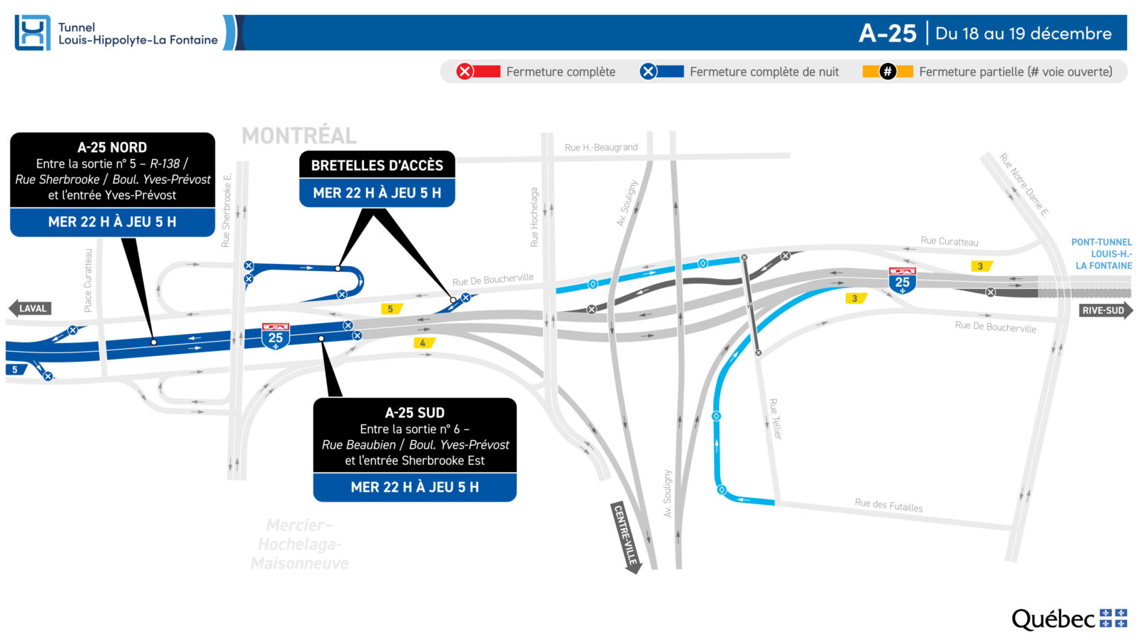 Fermetures sur l’A25 durant la nuit du 18 au 19 décembre