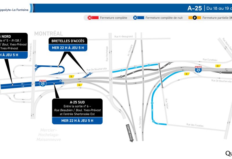 Fermetures sur l’A25 durant la nuit du 18 au 19 décembre