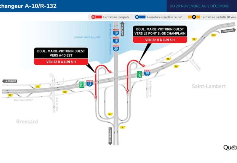 Fermeture des bretelles Marie-Victorin vers le pont Champlain et A-10 