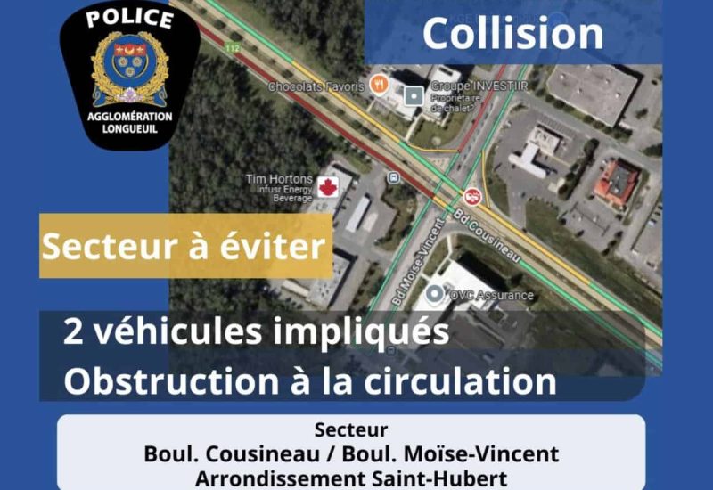 Collision entre deux véhicules à Saint-Hubert