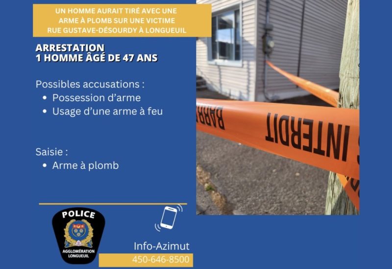 Arrestation d’un homme pour avoir tiré avec une arme à plomb sur une victime à Saint-Hubert